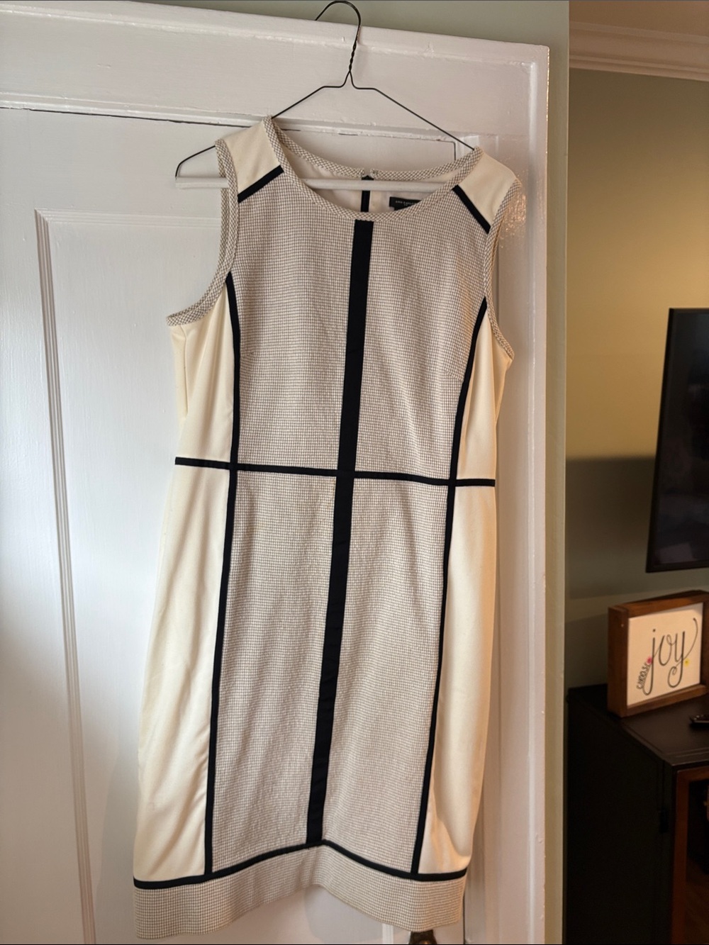 Ann Taylor Cream Midi Shift Dress with Black Grid